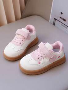 1 Pair Light Pink Heart Pattern Girls' Sneakers, Soft Sole Anti-Slip Wear-Resistant, Hook And Loop Closure Easy On/Off, Breathable Comfortable Versatile For Daily Wear - Beige - View 2