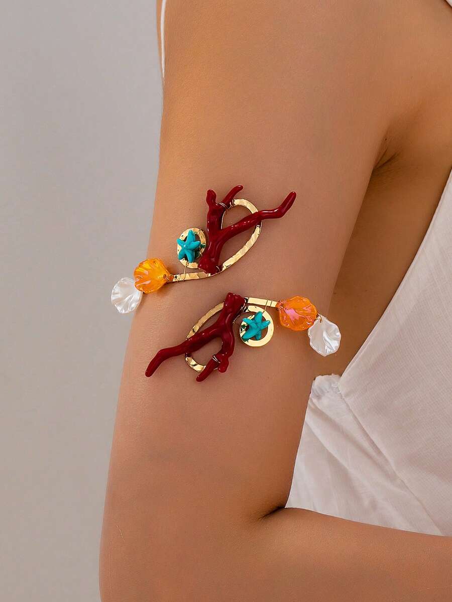 1pc Burgundy Coral Shell Arm Cuff, Shell & Starfish Contrast Metal Armlet, Personalized Beach Vacation Arm Accessory - Burgundy - View 1