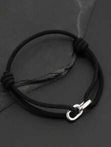 1pc Minimalist Black Braided Rope Bracelet With Silver Horseshoe Double Ring Metal Clasp, Adjustable Cool Style Men's Bracelet, Versatile Couple Gift Accessory - White K+Black - View 3