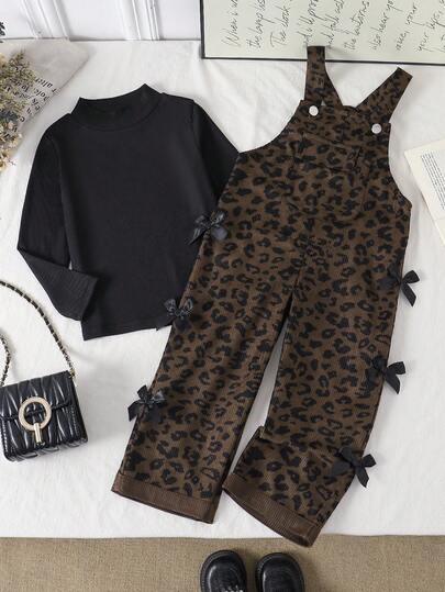 2pcs/Set Girls Toddler Spring/Autumn Fashion Casual Versatile Black Small Stand Collar Long Sleeve T-Shirt Top And Side Bow Leopard Print Coffee Brown Suspenders Long Pants Set