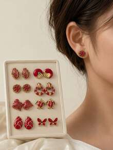 8 Pairs Vintage Red Enamel Stud Earrings Set, Women's Gold Flower Butterfly Turtle Geometric Shaped Exaggerated Jewelry, Suitable For Daily Wear And Party - Red - View 9