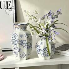 1pc Vintage Blue & White Ceramic Vase, Chinese Floral Pattern, Wavy Edge, Elegant Home Decor, Suitable For Fresh Flowers And Dried Flowers, Majlis, Living Room, Dining Table Centerpiece And Entryway, Ramadan Eid Housewarming Gift - Blue and White Joy - View 6