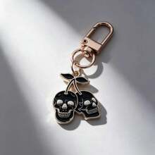4pcs Dark Gothic Skull Cherry Keychain, Niche Style Double Skull Cherry Bag Charm, Metal Enamel Key Organizer, Punk Rock Car Key Pendant, Cool Gift For Teenagers And Women - Black - View 5