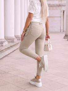 Women's Autumn Stretch Skinny Long Pants, Mid‑Rise Fit, Button‑Zip Fly, With Detachable Side Metal Chain, Classic Front Pockets, Slim Tapered Leg - Beige - View 3