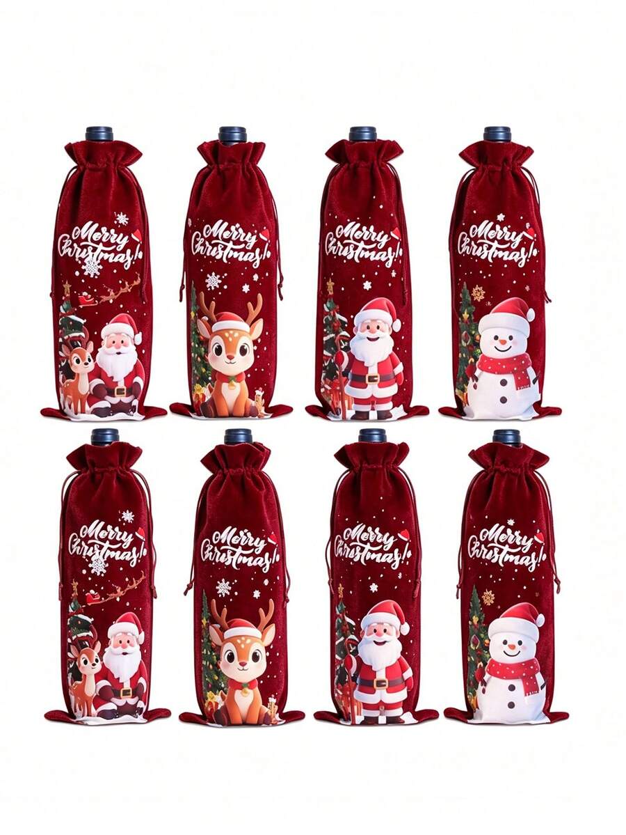 1/2/6/8pcs Christmas Wine Bags, 8 Assorted Colors Wine Gift Bags, 30x35cm Red Linen Texture Gift Bags, Santa Claus, Snowman, Reindeer, Penguin Pattern Holiday Gift Bags - Multicolor - View 1