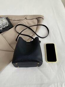 Black Litchi Texture Bucket Bag, Large Capacity Shoulder Crossbody Bag, Minimalist Commuter Versatile Women's Handbag - Black - View 5