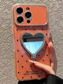 2件裝奢華亮面波點亮片水鑽愛心鏡面支架防震手機殼，相容 iPhone 17Pro Max 17Pro 17 17Air 16Pro Max 16Pro 16PLUS 15Pro Max 15Pro 14Pro 14Pro Max 16 15 14 13 12 11，相機保護後蓋 - 橘色 - 查看 3