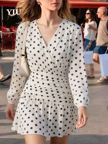 YIU Women's Fashion White Polka Dot Short Dress, Elegant Long Sleeve, Slim Fit A-Line Skirt Design, Asymmetrical Hem - Apricot - View 3