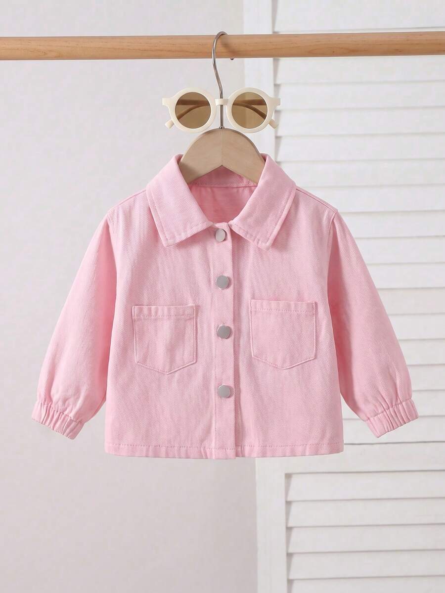 Baby Girl Casual Cute Minimalist Fashion Front Pocket Metal Button Open Front Small Collar Long Sleeve Pink Denim Jacket Top Autumn/Winter - Pink - View 1