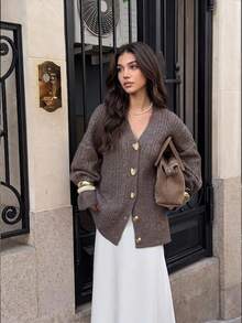 Women's Casual Elegant Heart Gold Button Open Front Solid Color Cable-Knit Drop Shoulder Knitted Sweater Cardigan Top Long Sleeves Office Fall - Brown - View 4
