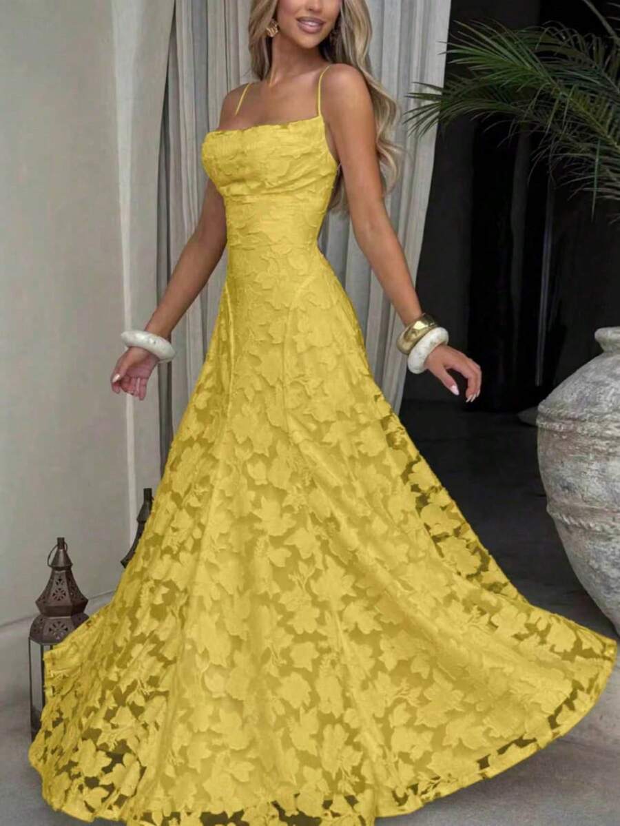 1pc Women's Summer Solid Color Fashion Sexy French Elegant Party Banquet Dress, Elegant Spaghetti Strap Backless High Waist Yellow Evening Gown, Suitable For Wedding - Yellow - View 1