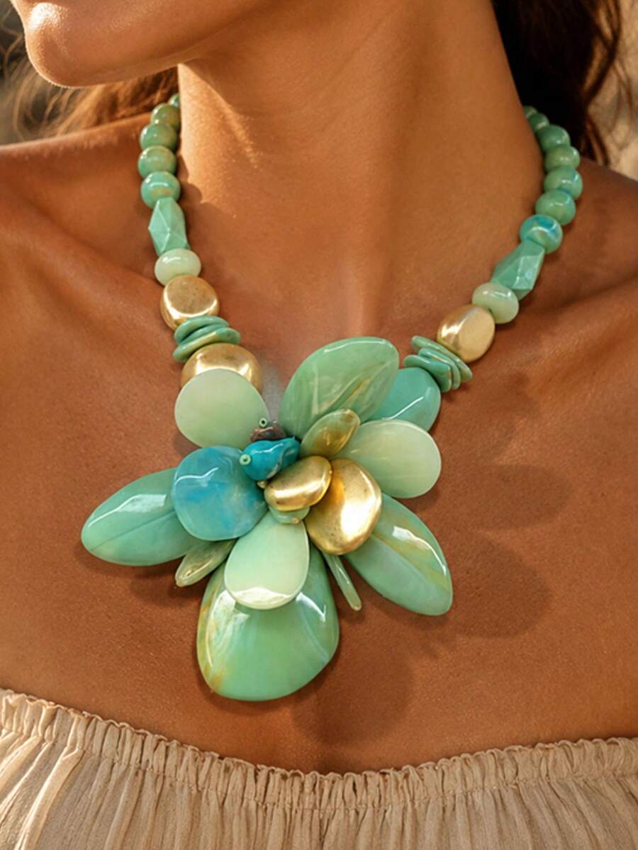 Turquoise‑Green Beaded Statement Choker, Large Flower Pendant Necklace With Gold Accent, Boho Bold Collar Jewelry For Women Vacation Party Daily Wear - Multicolor - View 1