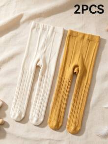 2pcs Twisted Cable Knit Fine Vertical Striped Candy Color Girls Tights, Solid Color Kids Socks For Outdoor Wear, All Seasons, Double Needle Girls Tights - Multicolor - View 10