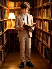3-Piece Formal Suit Set For Big Boys, Lapel Blazer, Trousers And Suspenders, Suitable For Weddings, Birthday Parties, Stage Performances And Other Formal Occasions - Khaki - View 6