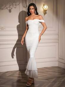 PARTHEA Women Elegant Off‑Shoulder Mermaid Party Dress, Ruched Layered Ruffle Hem White Bodycon Long Dress - White - View 4