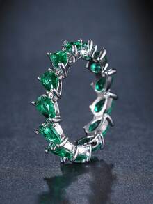 1pc Elegant Versatile Personalized Ring With Green Cubic Zirconia, Luxury High-End Elegant, Suitable For Women's Daily Wear, Party, Holiday Gift - Silver - View 4