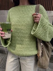 Women Boat Neck Crochet Knit Sweater, Big Flare Long Sleeve Loose Oversized Pullover, Fall Casual Textured Knit Top - Olive Green - View 2