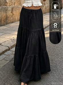 EARO 女款大尺碼長款藍色層次裙，休閒彈性腰帶落地長裙，舒適面料，無彈力夏季裙，黑色 - 黑色 - 查看 1