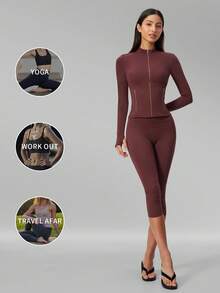 MFVIM Women's Versatile Yoga Set, Soft Skin-Friendly Fitted Jacket + Butt-Lifting Slimming Capris Leggings Riding Pants - Burgundy - View 5