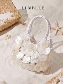 Women's Shell Decor Knitted Mini Handbag, Bohemian Style, Suitable For Beach Vacation, Travel And Summer Holiday, Lightweight Tote Bag, Suitable For Girls And Ladies, Beach Essential - White - View 2