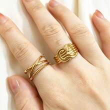 2pcs/Set Stainless Steel Multi-Layer Cross Line Open Ring Set, Unisex Finger Rings - Gold - View 7