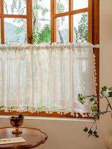 1pc Multicolor Tassel Translucent Non-See-Through Short Curtain - Beige - View 3