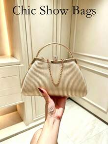 Women's Evening Bag,Ruched Striped Frame Clutch With Rhinestone Ball Kiss Lock Clasp & Detachable Chain Shoulder Strap,For Wedding,Ball,Party, Purse - Gold - View 1