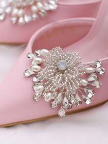 1pc Handmade Beaded Flower Pearl Rhinestone Luxury Shoe Clip, Detachable/Bridal Wedding Shoe Decor/High Heel Accessory, Same Style For Left And Right Feet - Silver - View 5