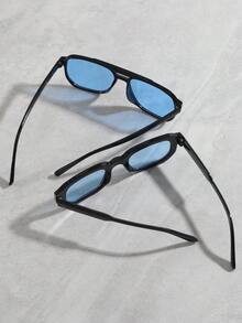2pcs Vintage Decorative Glasses Set, Double Bridge Glasses + Small Square Black Frame, Light Blue Lenses, Unisex Daily Party Outfit Accessory - Multicolor - View 2