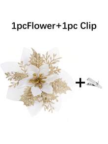 1/10/20/30件裝一品紅聖誕裝飾花（附夾子）－10件人造花 紅色 金色 銀色 聖誕樹飾品 亮面 新年婚禮派對花環 DIY 花串裝飾 包裝 - 白淺金 - 查看 15
