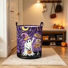1件裝萬聖節 Trick Or Treat 幽靈印花洗衣籃，可折疊圓形布製收納籃，雙手柄設計，多功能衣物雜物收納籃，適用臥室、浴室、居家裝飾 - 淡紫色 - 查看 5