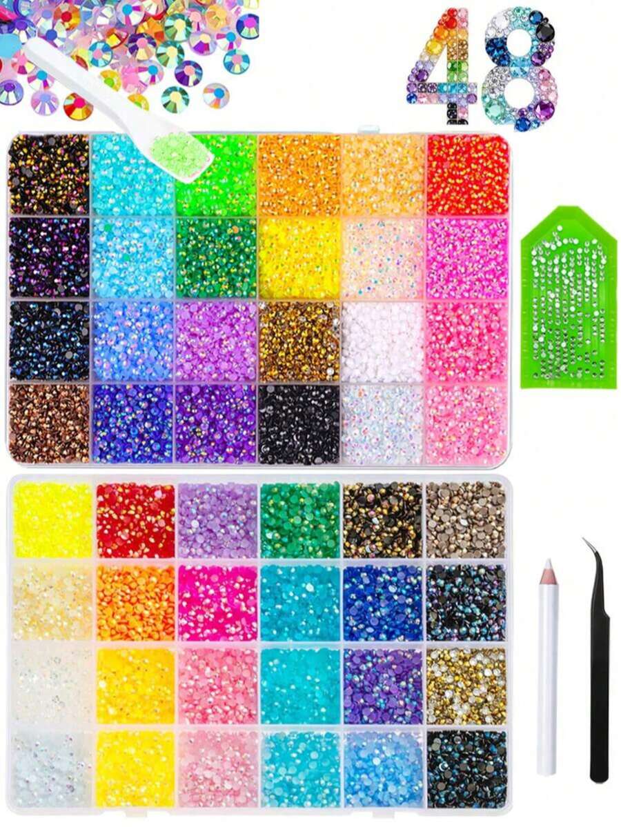 35,000pcs Resin Jelly Rhinestone Set, 48 Colors 3mm Flat Back Rhinestones With Tools, DIY Handmade Craft Gift Nail Art Nail Decoration All-In-One Sparkling Rhinestone Set - Multicolor - View 1