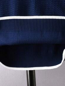 Boys' Round Neck Long Sleeve Knitted Sweater With Fine Ribbed Texture, Contrast Trim Design, Simple Casual Versatile Pullover, Suitable For School Daily Wear In Autumn/Winter - Navy Blue - View 9
