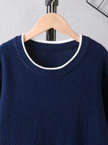 Boys' Round Neck Long Sleeve Knitted Sweater With Fine Ribbed Texture, Contrast Trim Design, Simple Casual Versatile Pullover, Suitable For School Daily Wear In Autumn/Winter - Navy Blue - View 4
