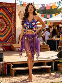 V Neck Multicolor Sequin Coin Halter Dance Crop Top Glitter Mesh Irregular Coin Tassel Dance Skirt Exotic Belly Dance Performance Outfit - Multicolor - View 14