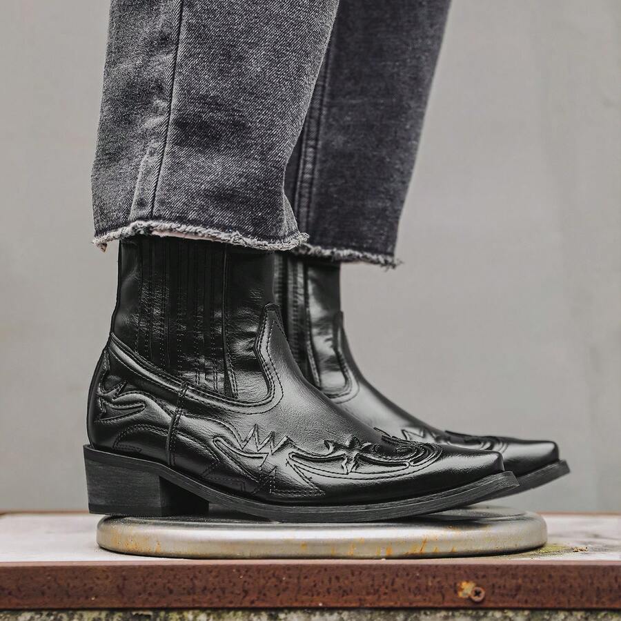 American Retro Work Boots Men's Boots Thick Sole Height-Increasing British Style Chelsea Ankle Boots - Black - View 1