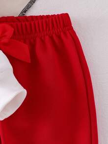 Baby Girl Sweet Academy Casual Style 2-Piece Set, Faux Sequin Large Bow Print Sleeve With Bow Decor Crew Neck Sweatshirt + Bright Red Flared Long Pants - Red - View 6