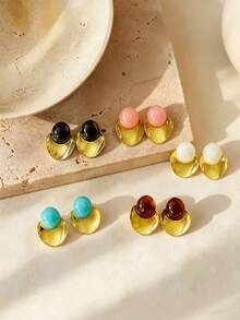 VJS 1 Pair Vintage French Style Resin Round Bead Stud Earrings, Color-Block Half-Circle Metal Patchwork Design, Women's Daily Commute, Date, Party Earrings - Resin Ball Stud Earrings - View 3