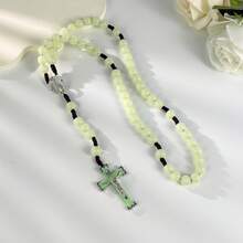 復古壓克力發光珠 59顆天主教玫瑰念珠項鍊，十字架吊墜，女性祈禱靈性珠寶項鍊 - 螢光綠 - 查看 3
