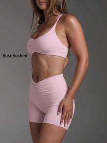 Women's Casual Sports 2 Pieces Set, Ruched Bust Cross Back Sleeveless Top, Ruched Waist Butt-Lifting Tight Shorts, Suitable For Yoga, Daily Wear - Pink - View 7