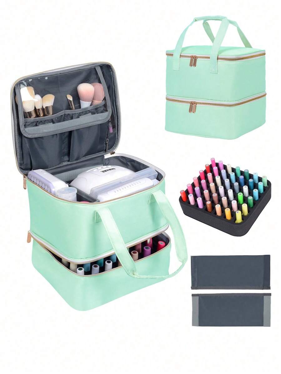 Organizador de Esmalte de Uñas de Mano de Doble Capa, Bolsa Organizadora de Cosméticos para Niñas y Mujeres, Arte de Uñas, Aceites Esenciales, Juego de Cosméticos, Uso Diario y de Viaje - 0142-Verde - Ver 1