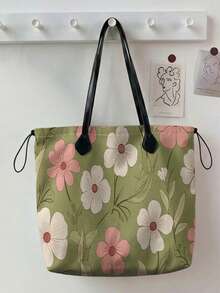 1pc Tote Bag, Fruit & Floral Print, Lightweight, Foldable, Fashionable, Personalized Handbag, Large Capacity Casual Shoulder Bag, Suitable For Work, School, Shopping And Daily Use - Multicolor - View 7