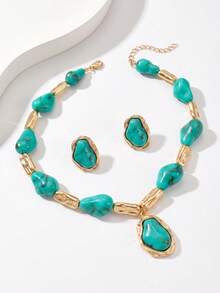 Bộ trang sức nữ 2 món/set gồm dây chuyền và bông tai phong cách kim loại sáng tạo cá tính, mặt dây chuyền giả ngọc lam phong cách vintage Bohemian, dây chuyền xương quai xanh đính hạt CCB bất đối xứng, dùng hàng ngày, quà tặng lễ hội, tiệc tùng, du lịch, phụ kiện quà tặng cao cấp sang trọng - Nhiều màu - Xem 4