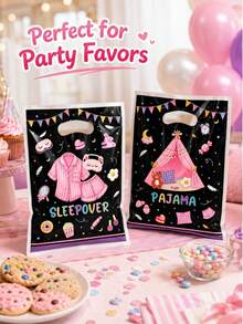 6 Black Pajama Party Gift Bags With Hollow Handles, Cute Tent Pajama Candy Print Packaging, Suitable For Birthday Party, Pajama Party, Snacks, Shopping And Gift Wrapping Supplies - Multicolor - View 2