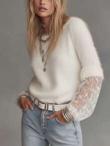 Fashion Design Contrast Lace Long Sleeve Round Neck Sweater Women Soft Fuzzy Pullover Top - White - View 3