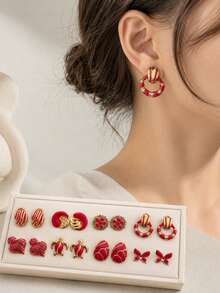 8 Pairs Vintage Red Enamel Stud Earrings Set, Women's Gold Flower Butterfly Turtle Geometric Shaped Exaggerated Jewelry, Suitable For Daily Wear And Party - Red - View 6