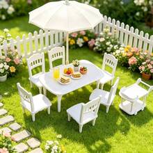 6pcs 1:12 Dollhouse Mini Model Scene Miniature Accessories Props Plastic Dining Cart Table Chairs Mini Micro Decor Home Decoration Fake Dining Table Dining Chairs Push Cart Set (White, Faux Wood Color) - 1 Table + 4 Chairs + 1 Trolley (6pcs) - View 2