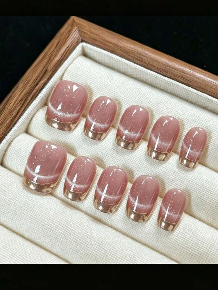 qihangxin 10片手工短甲貼，裸粉色貓眼細閃金法式美甲，適合夏季佩戴，粉色指甲、金色指甲、短甲、法式指甲、方甲、夏季美甲、假指甲，附工具組，適合日常佩戴與節日禮物 - 粉色 - 查看 12