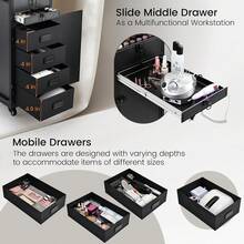 Rolling Manicure Table Foldable Nail Desk Five Drawers Cosmetic Makeup Storage Organizer Case Swivel Wheels Mobile Makeup Artist Workstation Trolley Brush Pouch - Shiny Pink - View 3