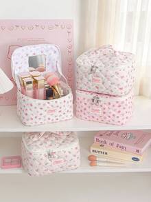 1Pc Ditsy Floral Quilted Makeup Bag With Built-In Mirror Portable Handle Large Capacity Travel Cosmetic Organizer Skincare Wash Bag For Women Daily T - Multicolor - View 4